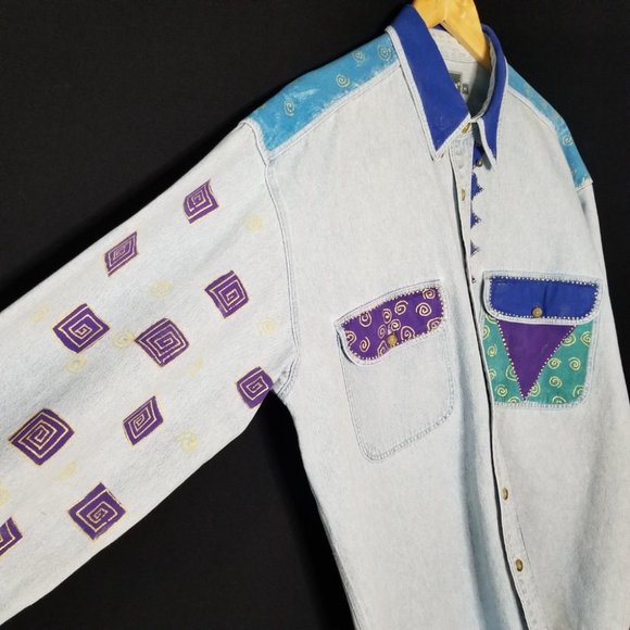 VINTAGE 90s Oversized Denim Button Down L / XL - Picture 6 of 13